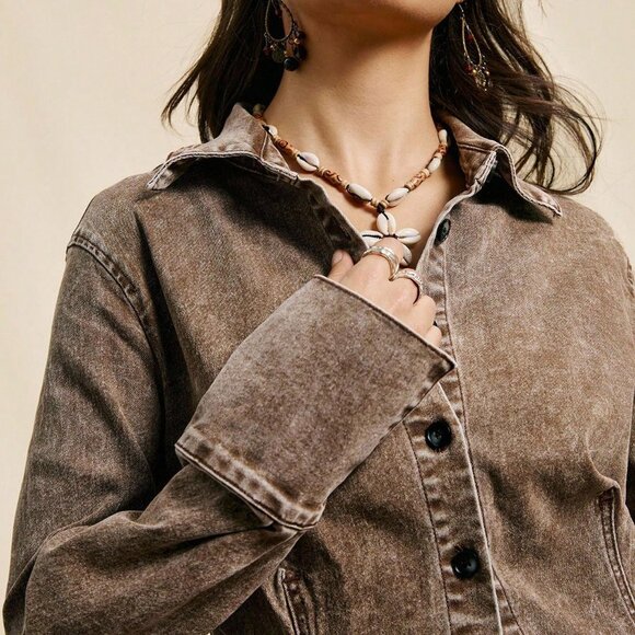 Brown Casual Western Women's Acid Wash Distressed Denim Jacket - Picture 7 of 7